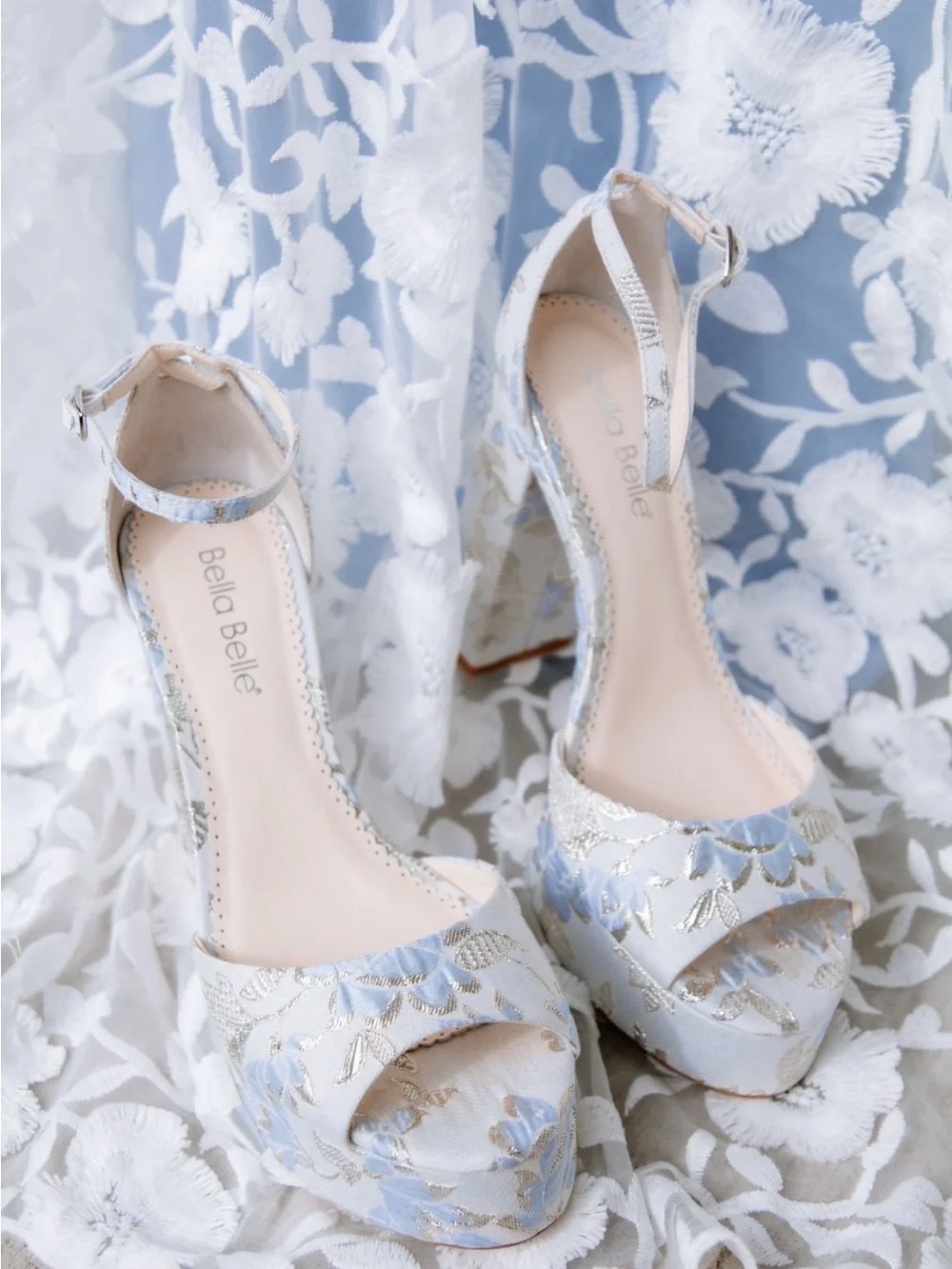 Bella Belle “Catarina” Powder Blue Floral Platform Sandals with Ankle Strap
